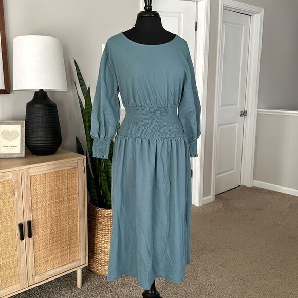 Ann Taylor Smocked Waist Flare Midi Dress Long Sleeve Linen Dress - Picture 3 of 5